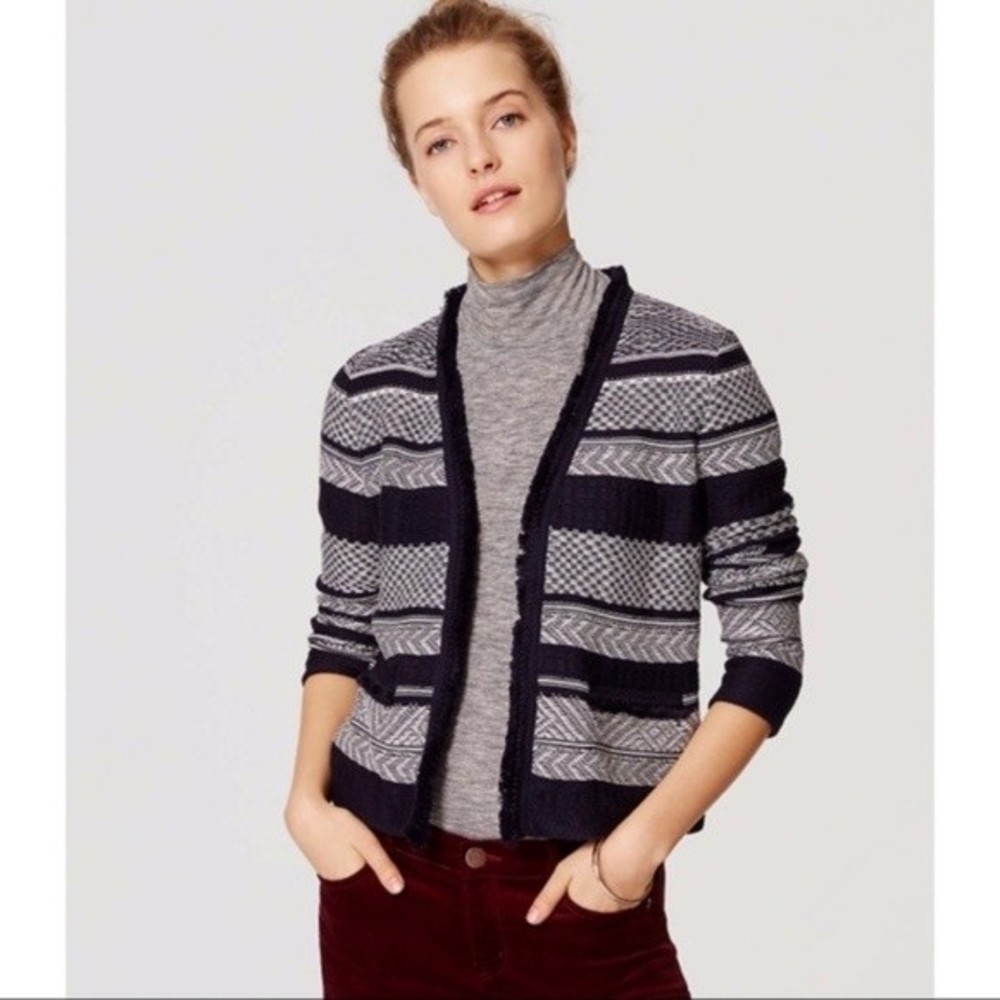 NWOT LOFT Jacquard Navy Stripe Sweater Blazer Jacket L